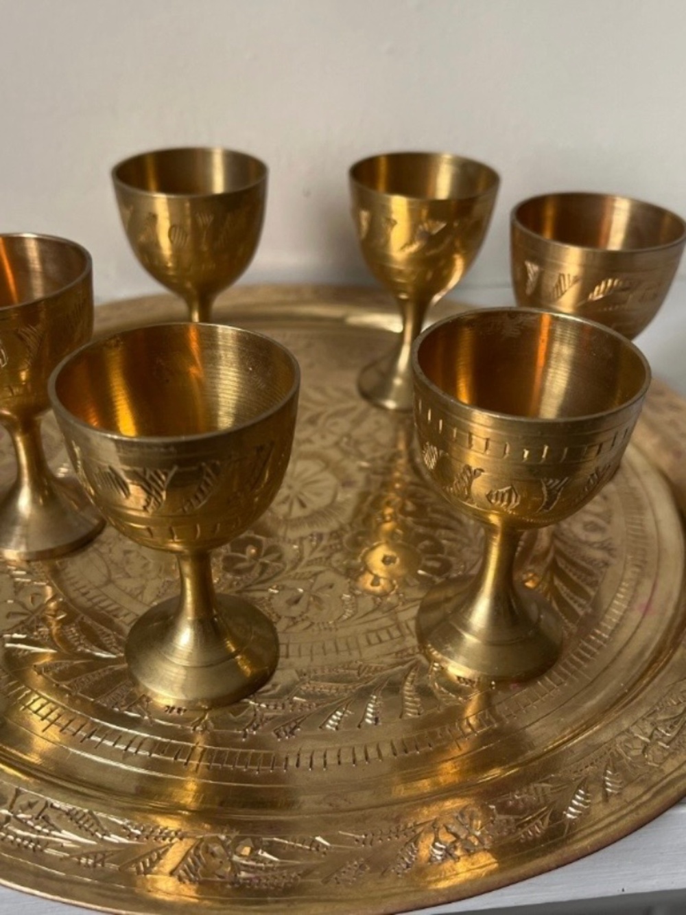 Mid Century Brass Etched Serving Plate with Six Brass Shooter Glasses